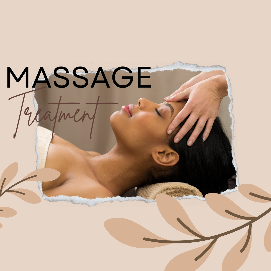 A woman is lying face up on a massage table with her eyes closed, while a therapist is massaging her scalp with gentle circular motions. 