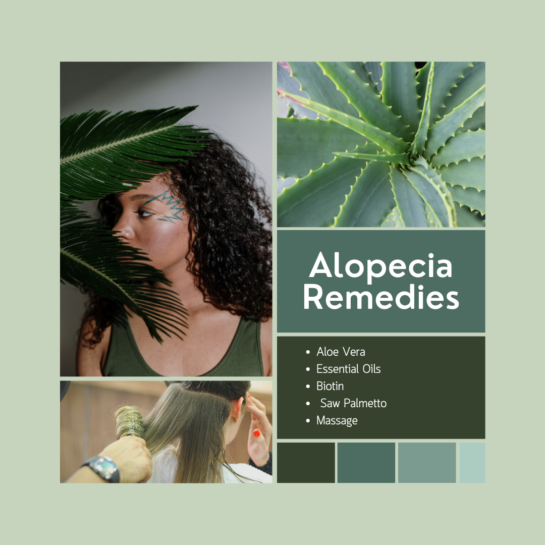 Young woman with healthy hair sitting on a bench in a park with bullet points of natural remedies for alopecia: aloe vera, essential oils, biotin, saw palmetto, and massage