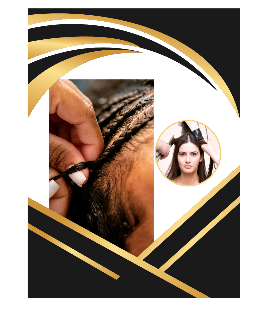 An African-American woman getting her hair beautifully braided, while a Caucasian woman's hair is being flat-ironed, blow-dried, and curled